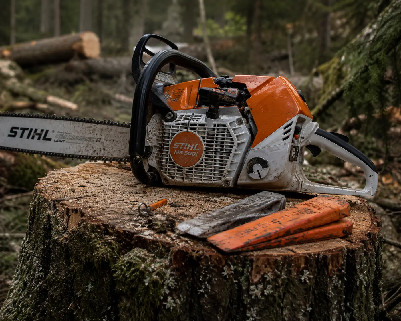 Chainsaw resting on a cut stump after tree removal work